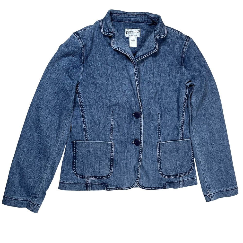 Pendleton Women's Cropped Blue Jean Jacket Sz S Denim‎ Blazer Long Sleeve Fitted